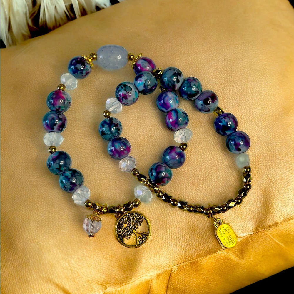 Set Baby Blue Rondelle and Purple Coated Glass Beaded Bracelet